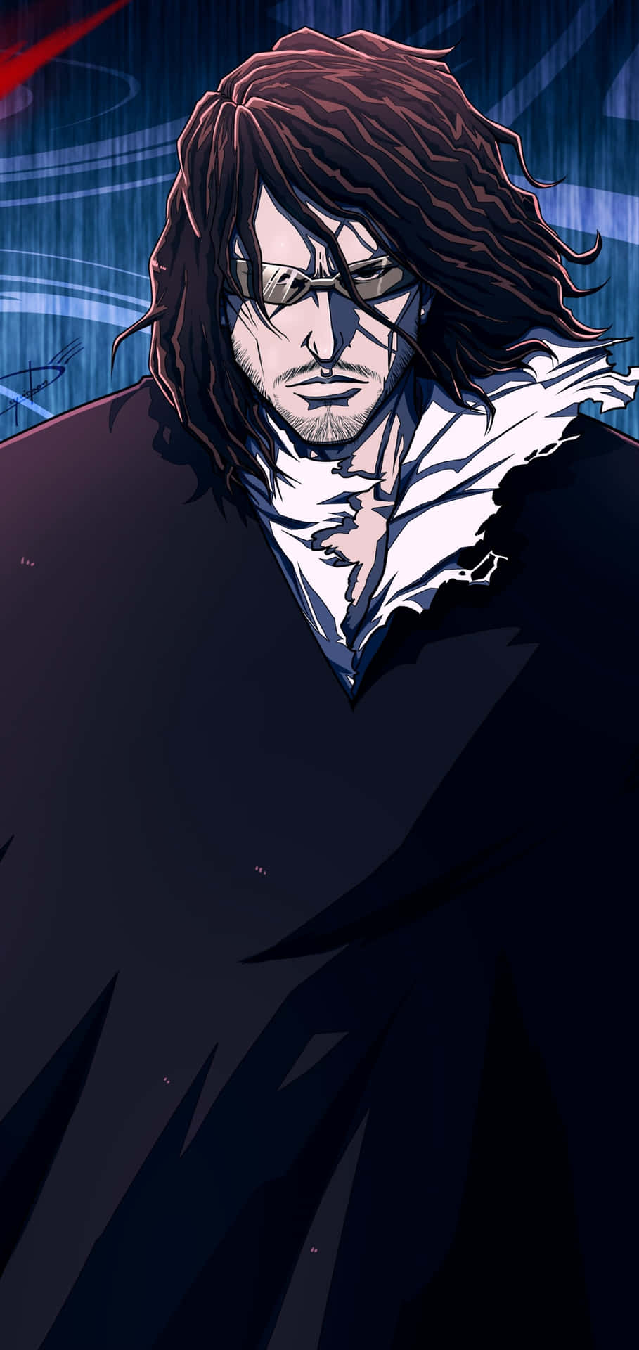 Zangetsu 桌布 壁紙 — 一個陰鬱的動漫男子，長長的黑髮和太陽眼鏡，在動態的藍色背景下強烈凝視。