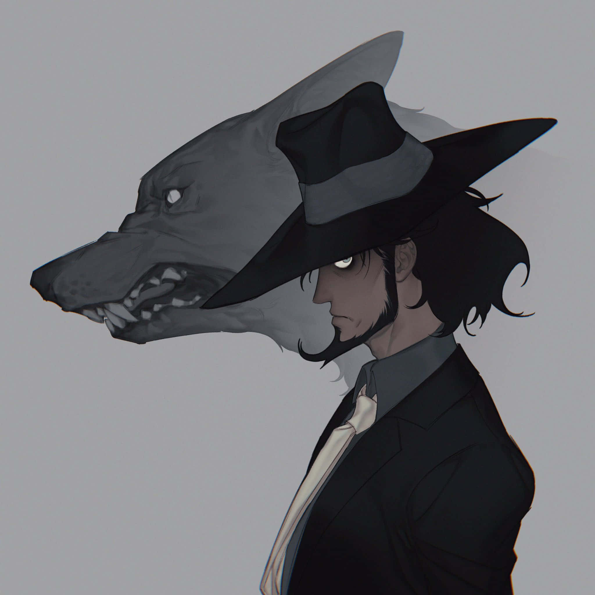 Lupin Iii Daisuke Jigen 桌布 壁紙 — 一個陰鬱的動漫角色，長著狼頭，戴著軟呢帽，側面站在純灰色背景前。