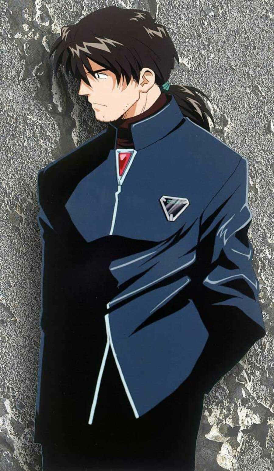 Ryoji Kaji 桌布 壁紙 — 一個陰鬱的動畫男性角色，黑髮，穿著藍色制服，靠在一面有紋理的灰色牆上。