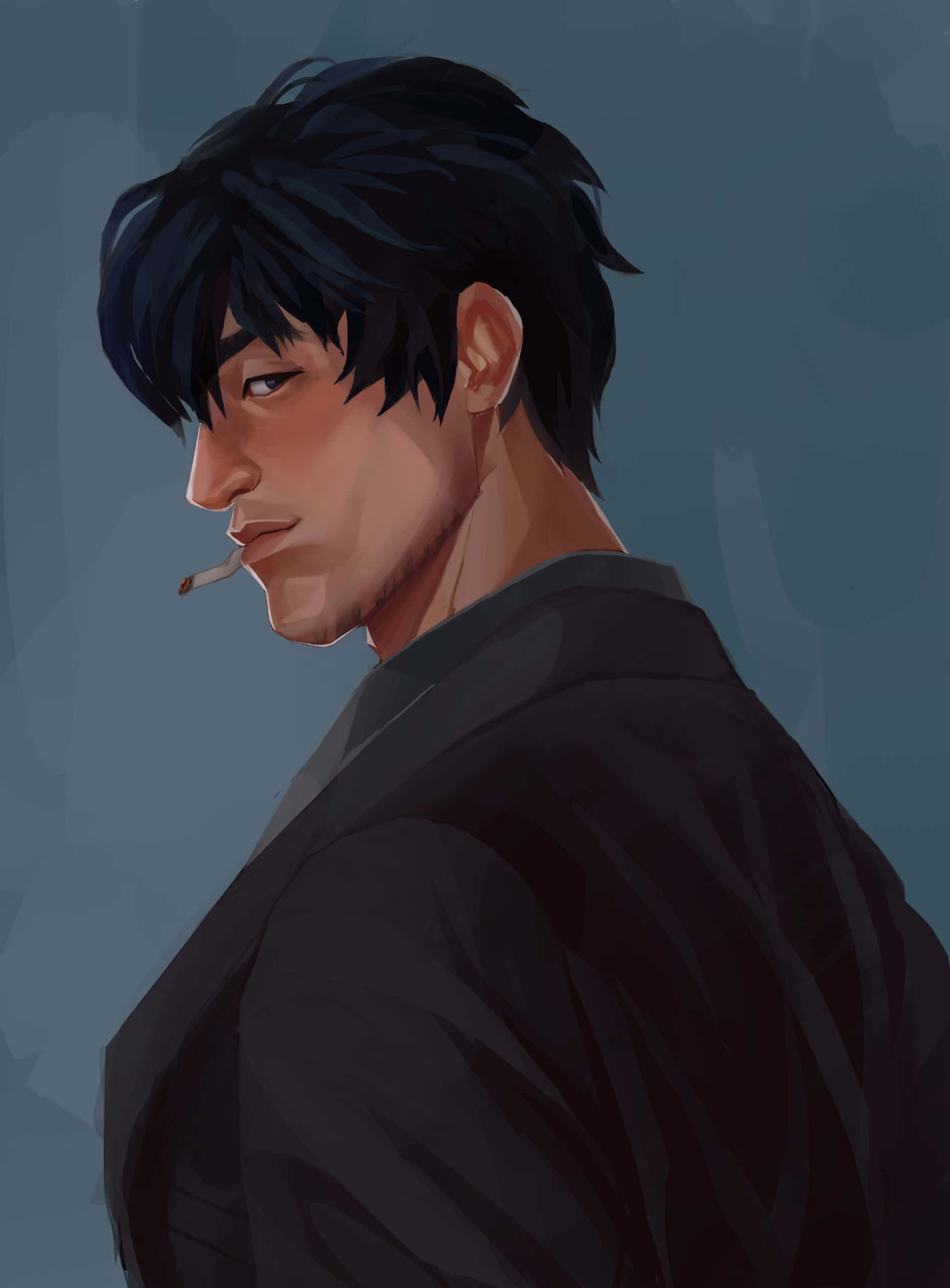 Nicholas D Wolfwood 桌布 壁紙 — 一個陰鬱的數碼肖像，描繪一位深色頭髮的年輕男子嘴裡叼著香煙，側面輪廓映襯在柔和的藍灰色背景上。