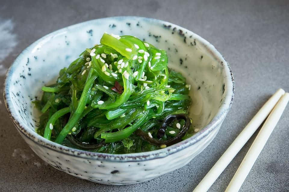 Seaweed 桌布 壁紙 — 一個陶瓷碗裝滿了鮮綠色的海藻沙律，上面撒上白芝麻，旁邊放著木筷子，放在灰色表面上。