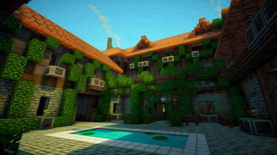 磚牆 桌布 壁紙 — 一個陽光明媚的Minecraft庭院，有常春藤覆蓋的石頭建築和中央水池，在晴朗的藍天下。