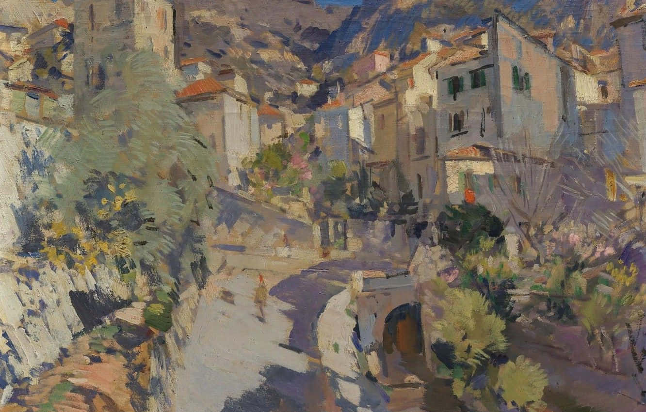 Impressionism 桌布 壁紙 — 一個陽光明媚的地中海村莊依附在岩石山坡上，白色粉刷的房屋沿著蜿蜒的鵝卵石街道層層排列。