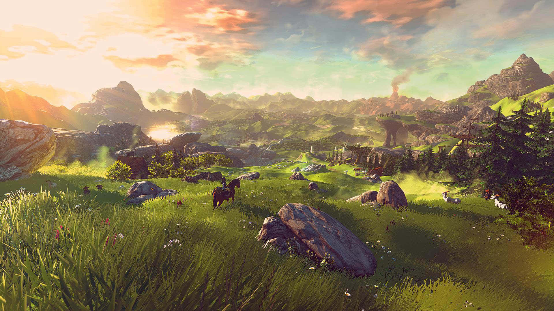 The Legend Of Zelda Hyrule 桌布 壁紙 — 一個陽光明媚的奇幻山谷，擁有連綿起伏的綠色山丘、岩石露頭和遠處的山脈，在充滿活力的日落天空下。