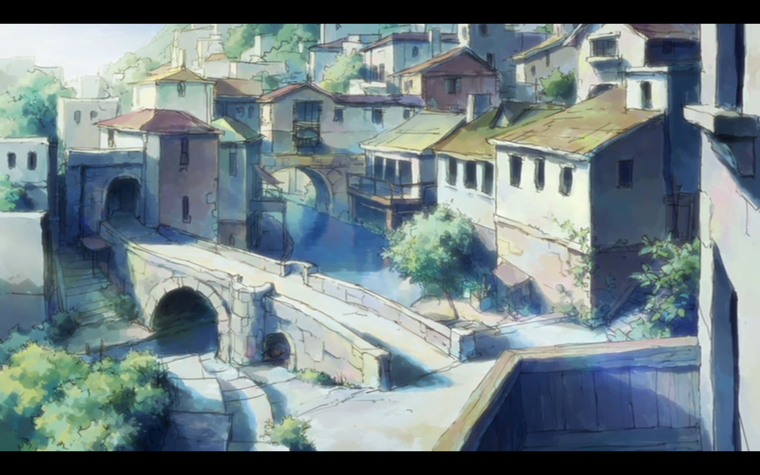 Grimgar Of Fantasy And Ash 桌布 壁紙 — 一個陽光普照的動畫村莊，石橋和陶土屋頂的房子沿著蜿蜒的河流而建。