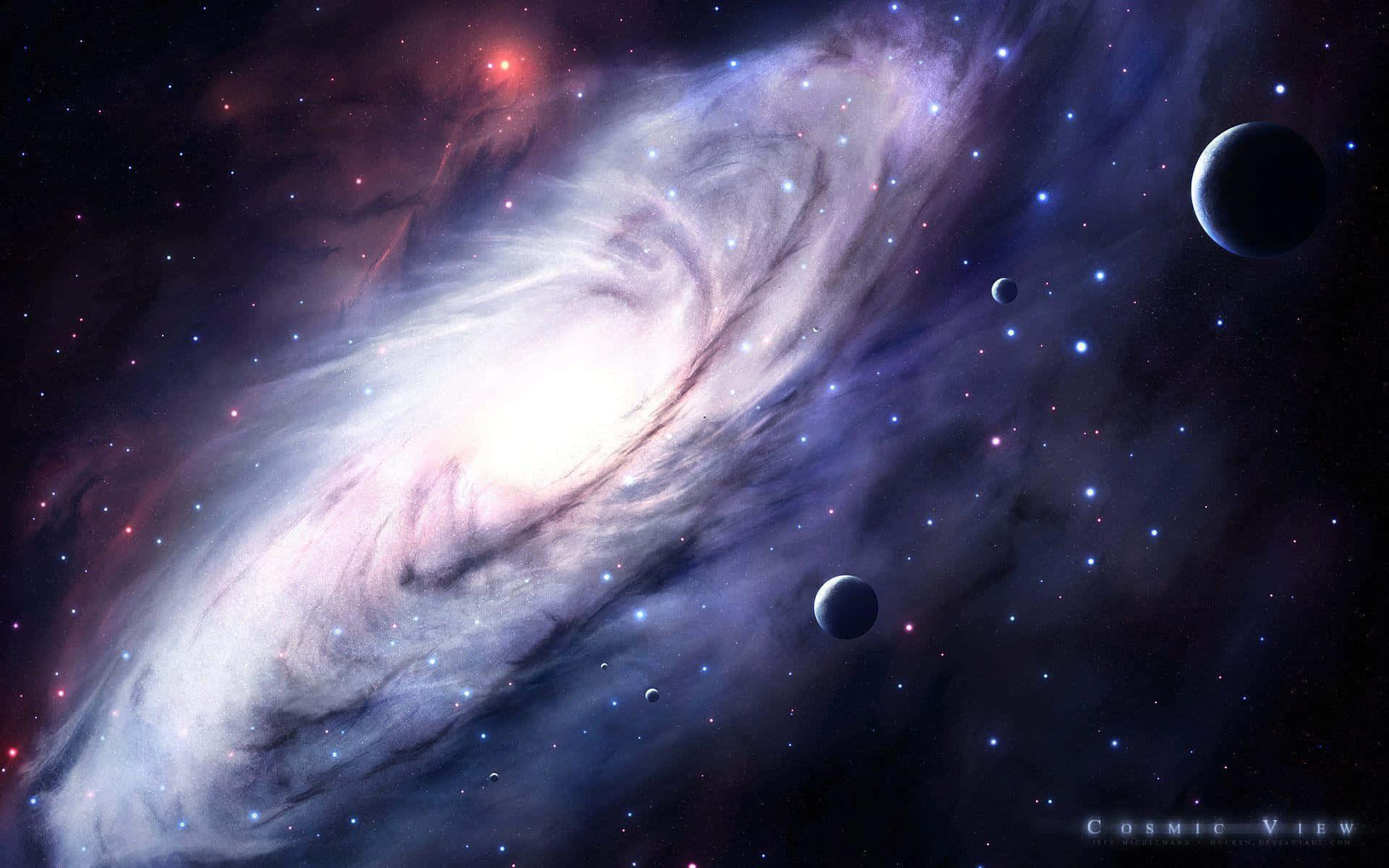 Spiral Galaxy 桌布 壁紙 — 一個雄偉的螺旋星系旋轉著宇宙塵埃和發光的星星，周圍環繞著遙遠的行星，背景是深邃的太空。