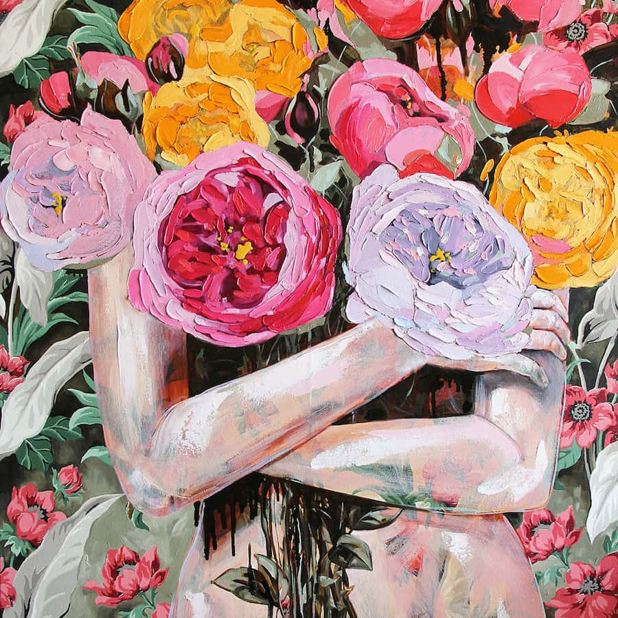 Mixed Media 桌布 壁紙 — 一個雙臂交叉在臉前的人物被一場充滿活力的爆炸所包圍，爆炸中有超大的粉紅色、黃色和紫色花朵，以厚重、有紋理的筆觸繪製。