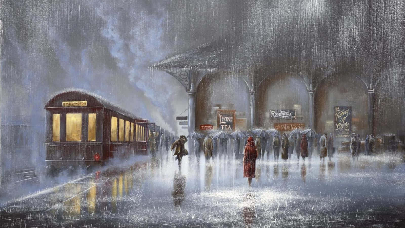 Beautiful Painting 桌布 壁紙 — 一個雨夜在復古火車站，乘客撐著雨傘等待，蒸汽火車在閃爍燈光下抵達。