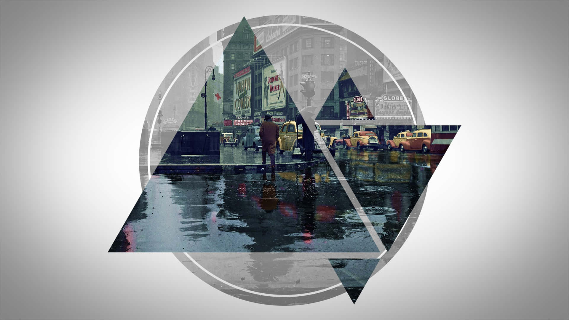 Indie Desktop 桌布 壁紙 — 一個雨天的城市街道場景，由幾何圓形和三角形疊加框住，展示復古汽車和一個孤獨的行人。