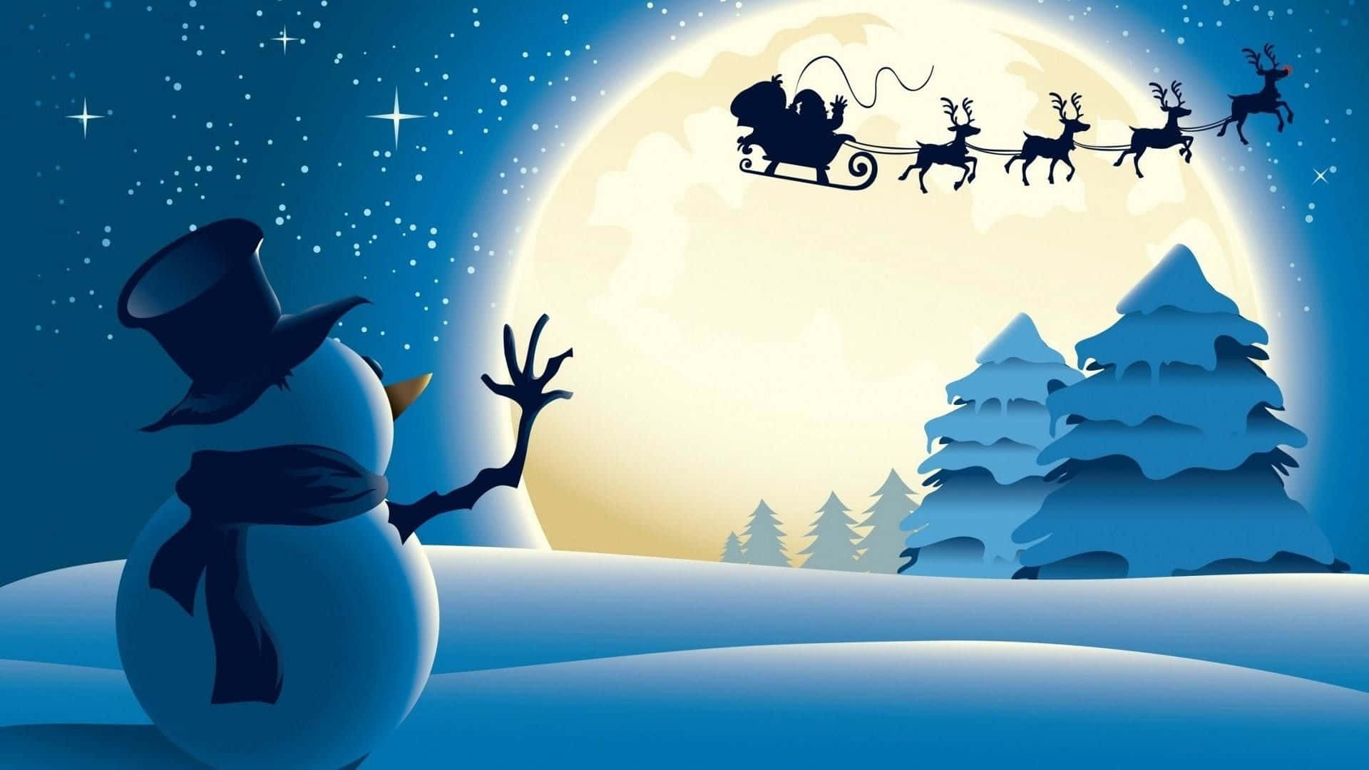 Santa Claus 桌布 壁紙 — 一個雪人向聖誕老人的雪橇揮手，雪橇飛過繁星點點的夜空，背後是巨大的月亮和白雪覆蓋的松樹。