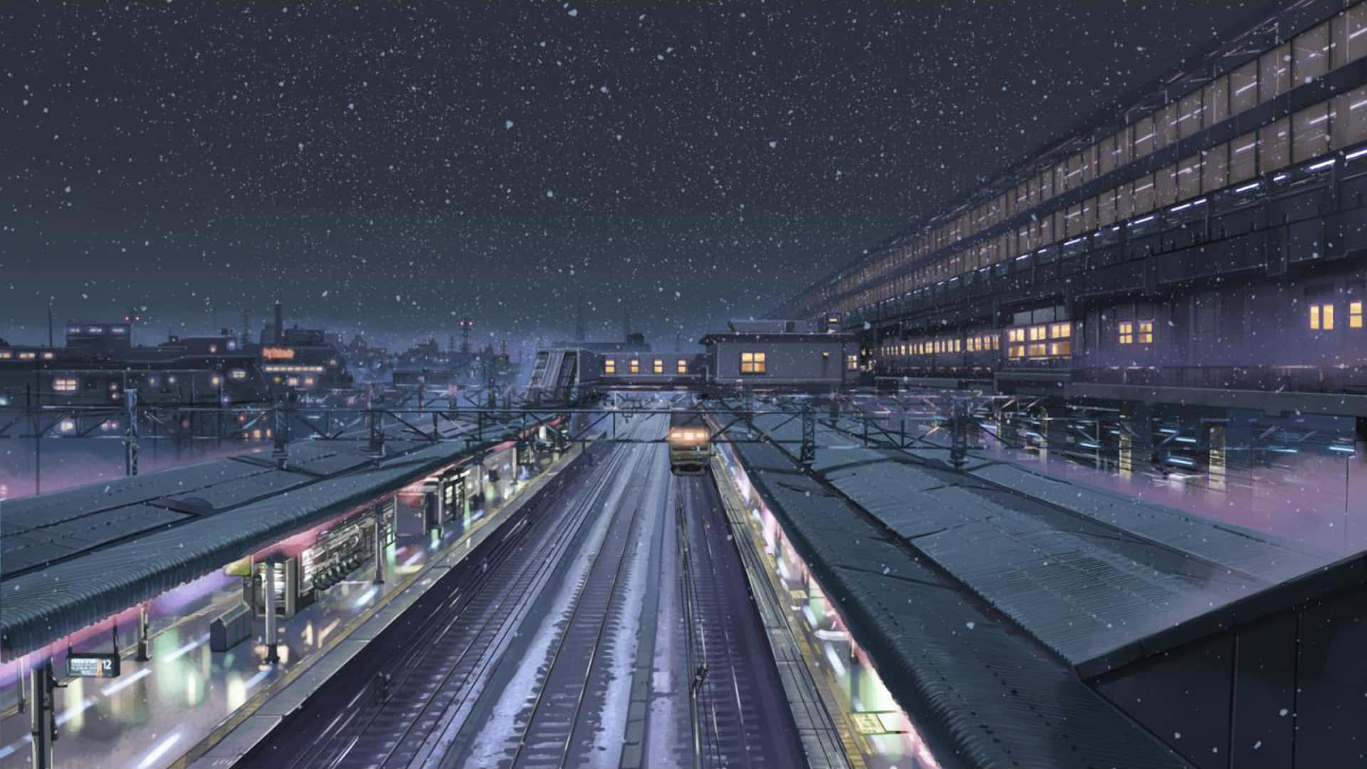 Makoto Shinkai 桌布 壁紙 — 一個雪夜在火車站，一列火車在星空下駛近。