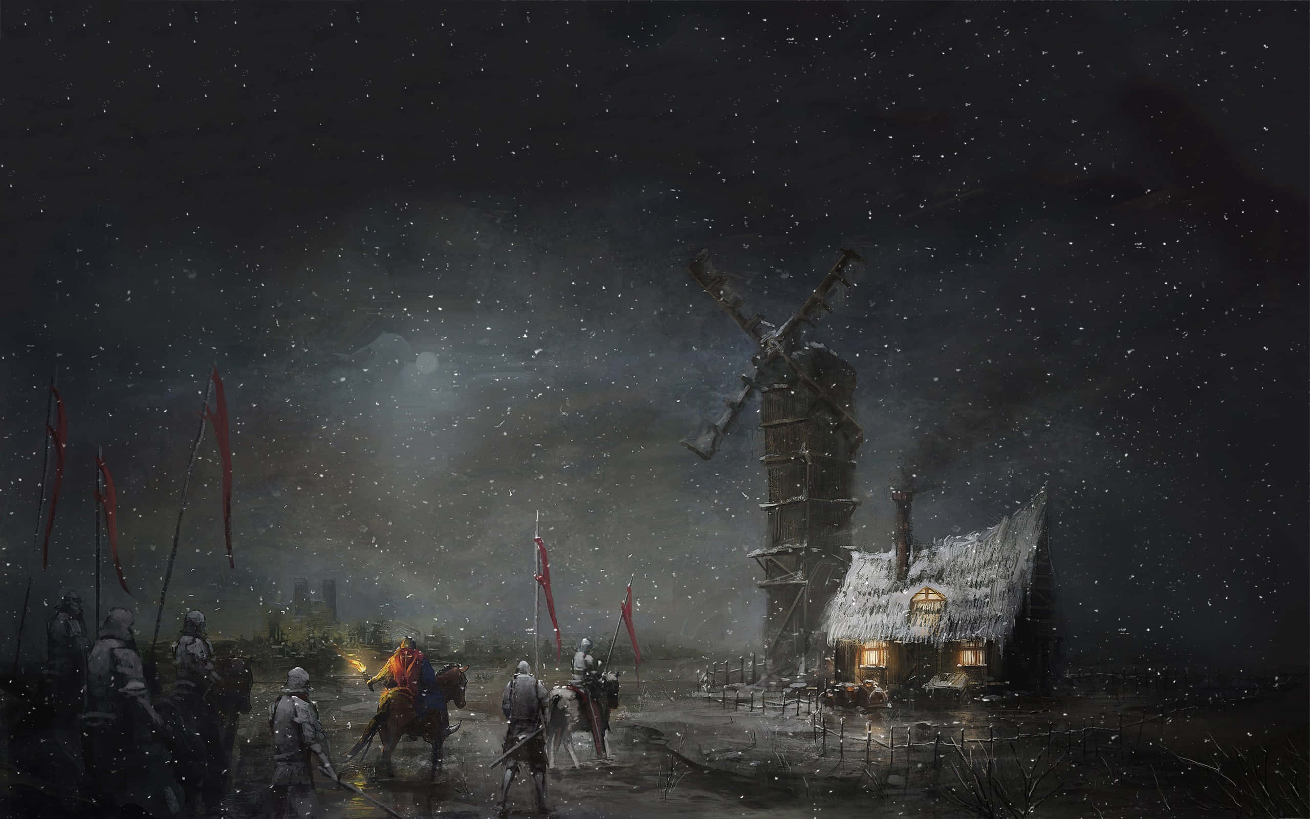 中世紀 桌布 壁紙 — 一個雪夜場景，騎士騎馬接近一座溫暖亮著燈的小屋，旁邊有一座破損的風車，背景是星空。