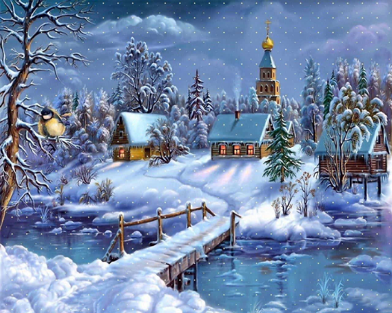 Snowy Christmas 桌布 壁紙 — 一個雪夜的俄羅斯村莊，溫暖發光的窗戶映襯著飄落的雪花，以及一座橫跨冰冷水面的木橋。