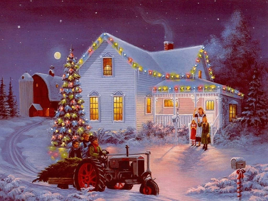 Winter Scene 桌布 壁紙 — 一個雪夜的場景顯示一個家庭拉著一輛載有聖誕樹的拖拉機，走向一間裝飾著彩色燈光、溫暖明亮的農舍。