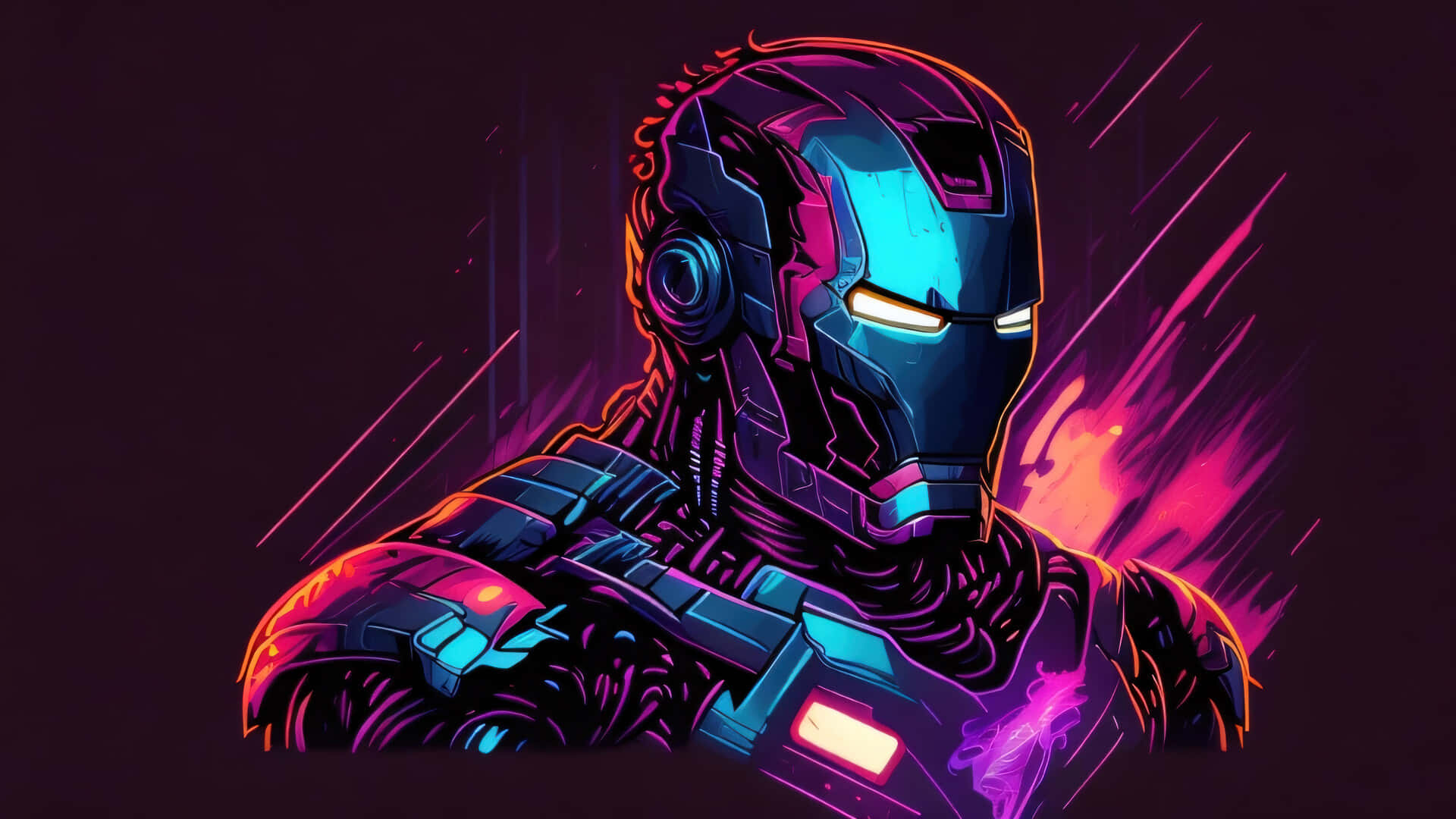 Iron Man Art 桌布 壁紙 — 一個霓虹燈照亮的鐵甲奇俠半身像，帶有發光的藍色眼睛和粉紅色能量條紋，背景為深色。