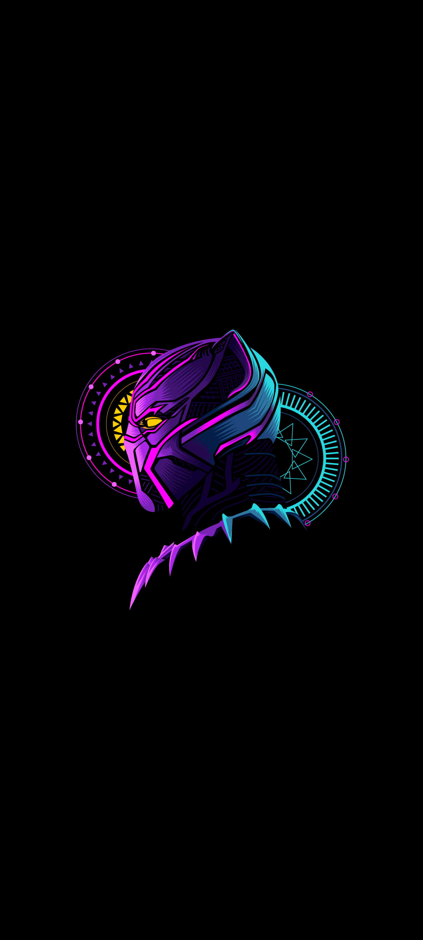 Vibranium 桌布 壁紙 — 一個霓虹燈照亮的黑豹頭，帶有發光的眼睛和幾何曼陀羅圖案，背景為黑色。