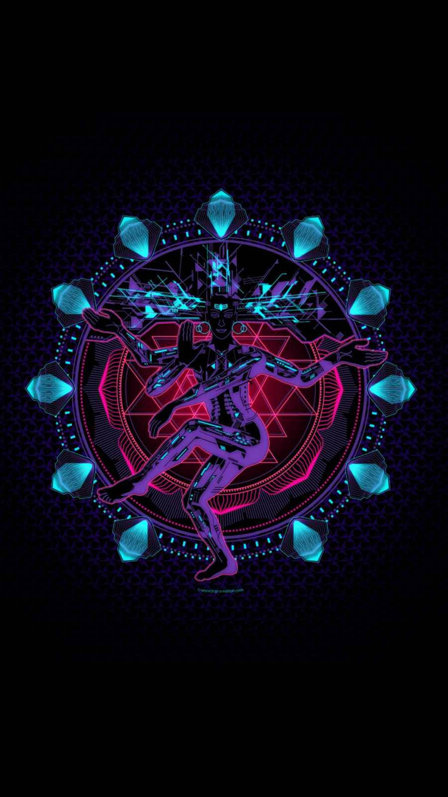 neon aesthetic iPhone 桌布 壁紙 — 一個霓虹紫色和青色的幾何圖案在黑暗背景上發光的圓形曼陀羅內舞動。