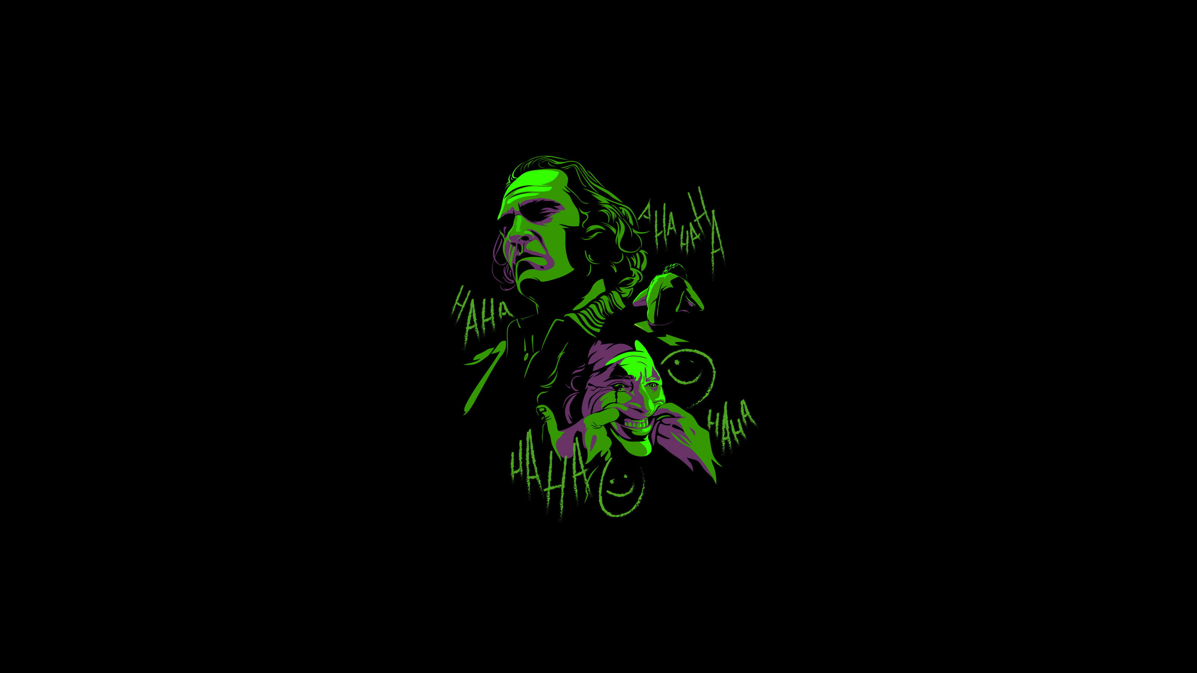 Joker Art 桌布 壁紙 — 一個霓虹綠色風格插圖，描繪兩個大笑的人物，背景為黑色，散落著「haha」文字。