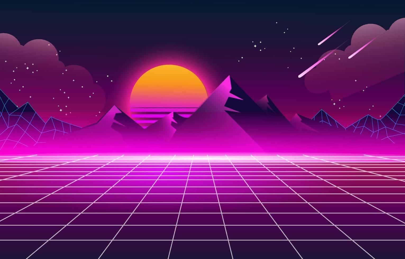 80s Retro 桌布 壁紙 — 一個霓虹網格延伸向一個在星空的紫色天空下，幾何山脈後方發光的橙色夕陽，並有流星劃過。