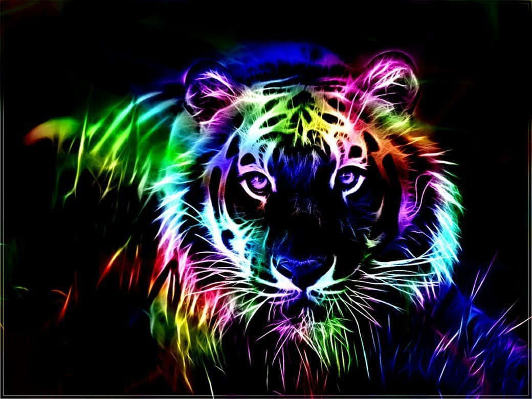 Psychedelic Animals 桌布 壁紙 — 一個霓虹老虎頭在黑色背景上散發出電光彩虹色，帶有發光的毛髮條紋。