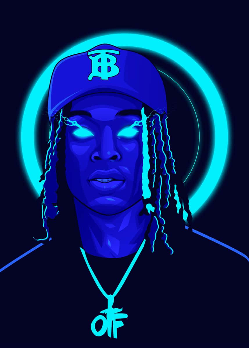 King Von 桌布 壁紙 — 一個霓虹藍色插圖肖像，描繪一個擁有發光眼睛和辮子的人，背景為黑暗並帶有發光的圓形光環。