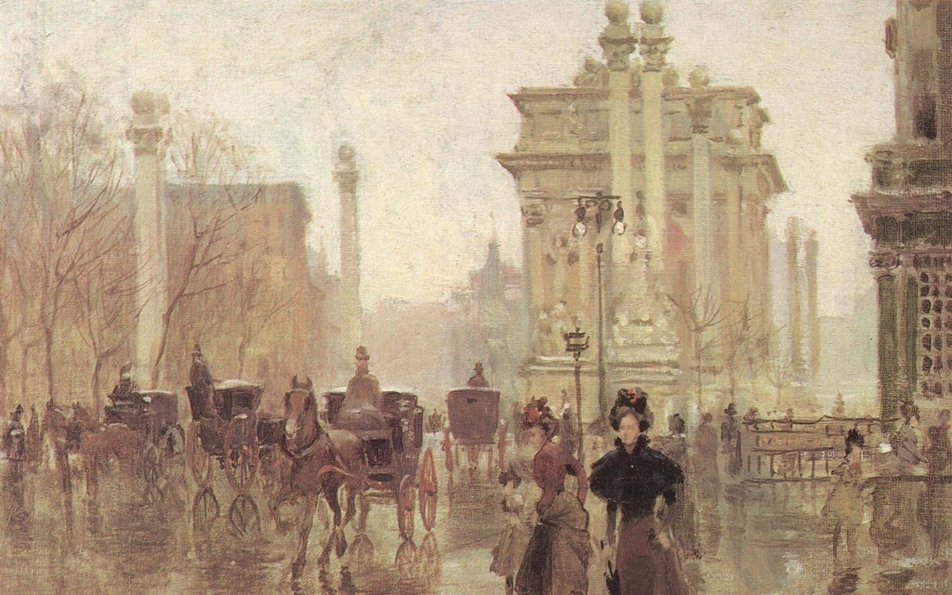 Impressionism 桌布 壁紙 — 一個霧氣瀰漫的19世紀歐洲街景，馬車和行人在華麗的柱子和建築物附近。