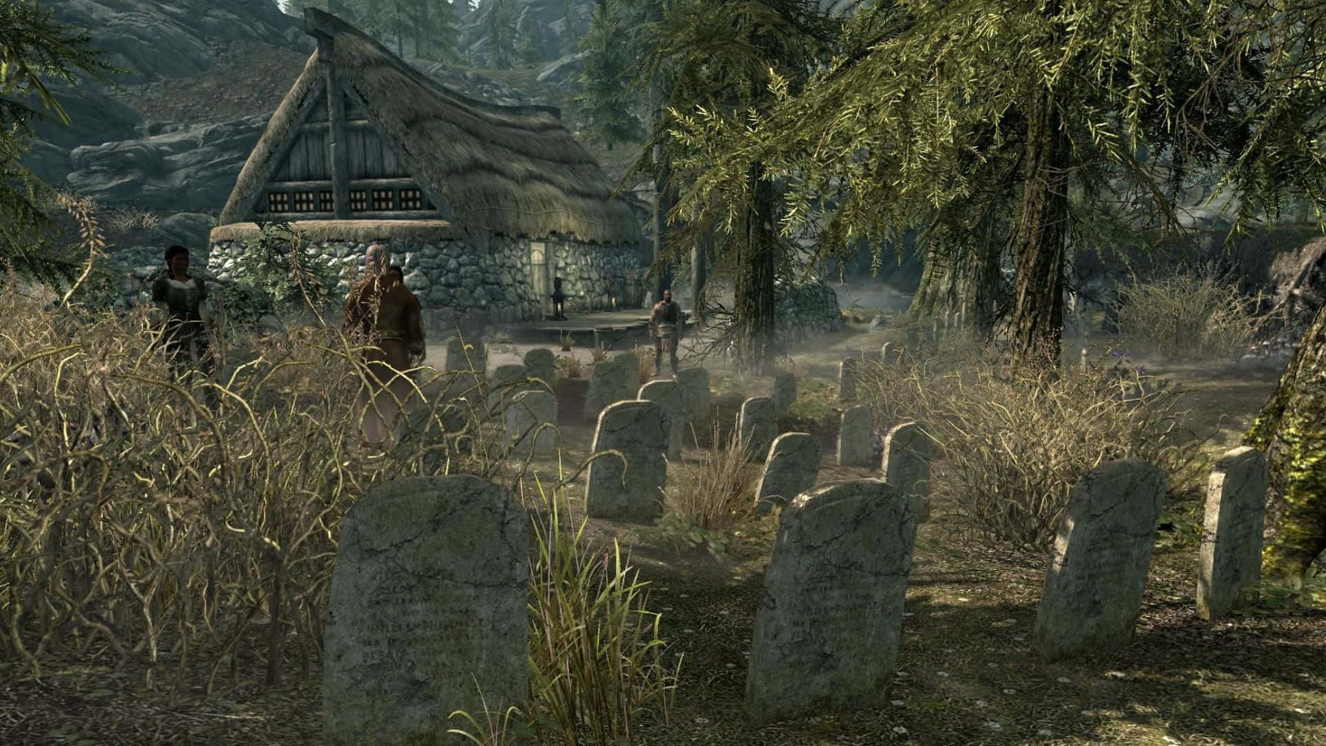 Skyrim Falkreath 桌布 壁紙 — 一個霧氣瀰漫的墓地，周圍有風化的墓碑，環繞著一座坐落在茂密森林中的古樸石屋。