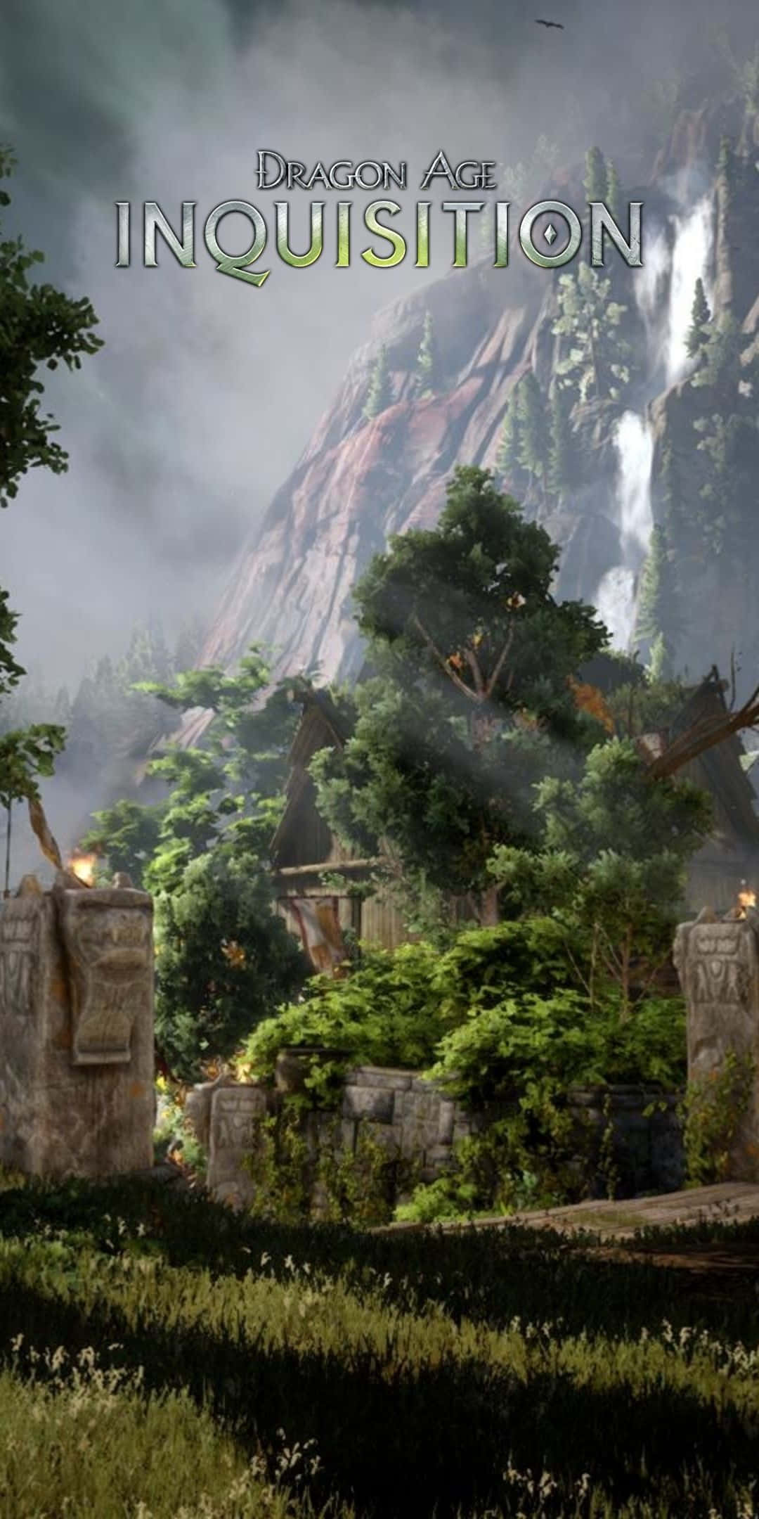Pixel 3 Dragon Age Inquisition 桌布 壁紙 — 一個霧氣瀰漫的山村，有石頭廢墟和瀑布從岩石峭壁傾瀉而下。