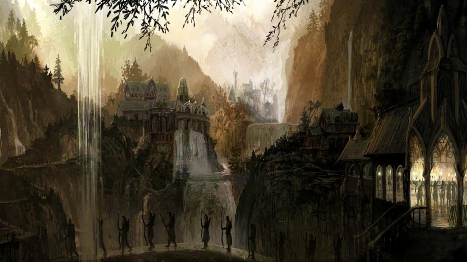 魔戒 桌布 壁紙 — 一個霧氣瀰漫的山谷，有層疊瀑布和古老石建築隱藏在懸崖間，下方有剪影人物。