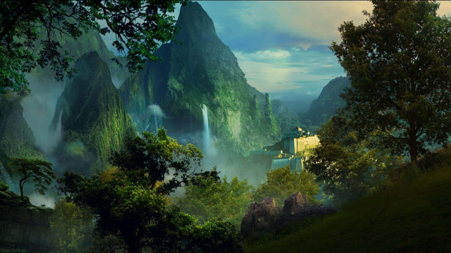 3d Fantasy 桌布 壁紙 — 一個霧氣瀰漫的山谷，有層疊的瀑布和一個隱藏在茂密綠樹中的石頭村莊。