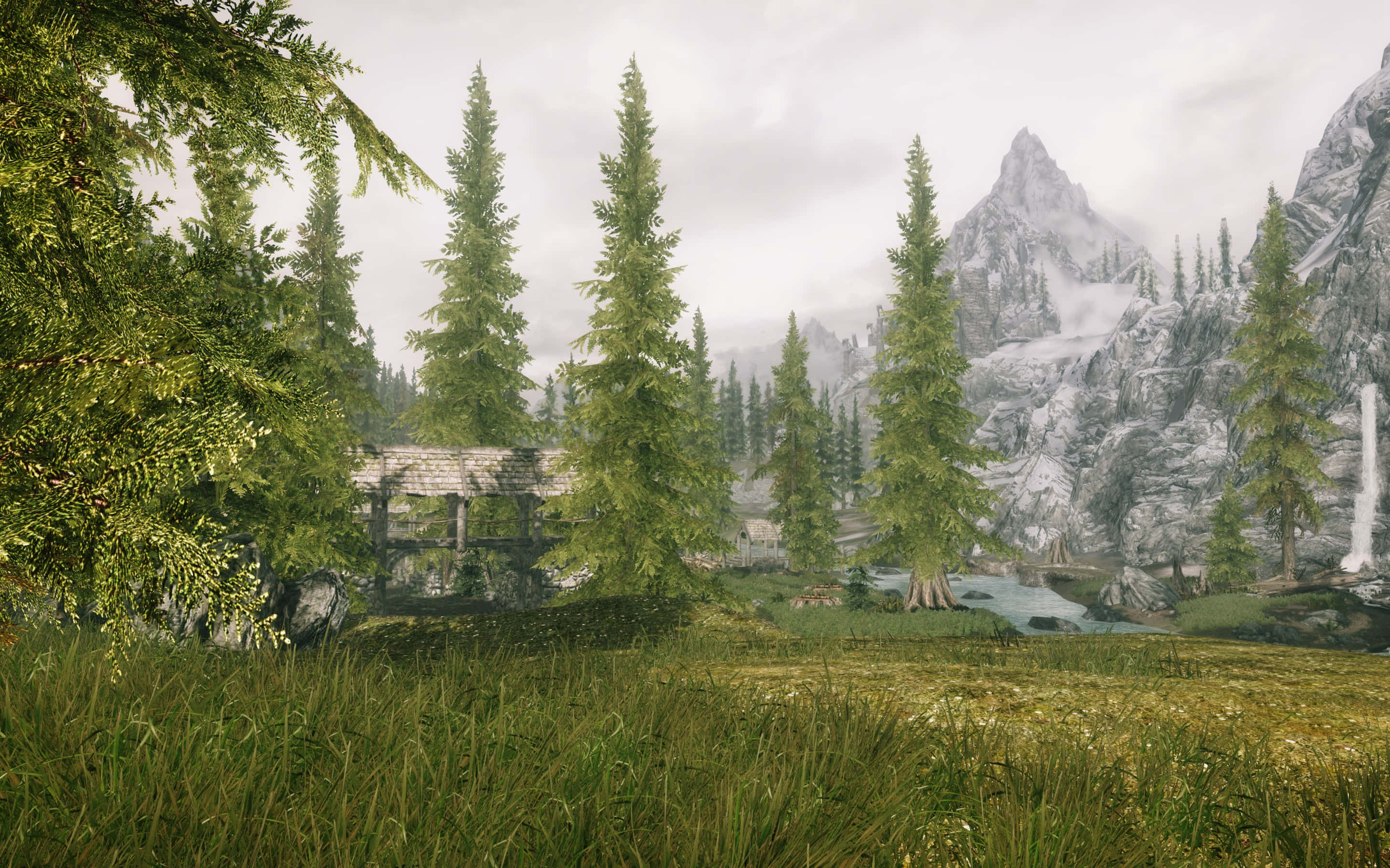 Skyrim Falkreath 桌布 壁紙 — 一個霧氣瀰漫的山谷，有高大的松樹、一座橫跨溪流的木橋，以及從岩石峭壁傾瀉而下的瀑布。