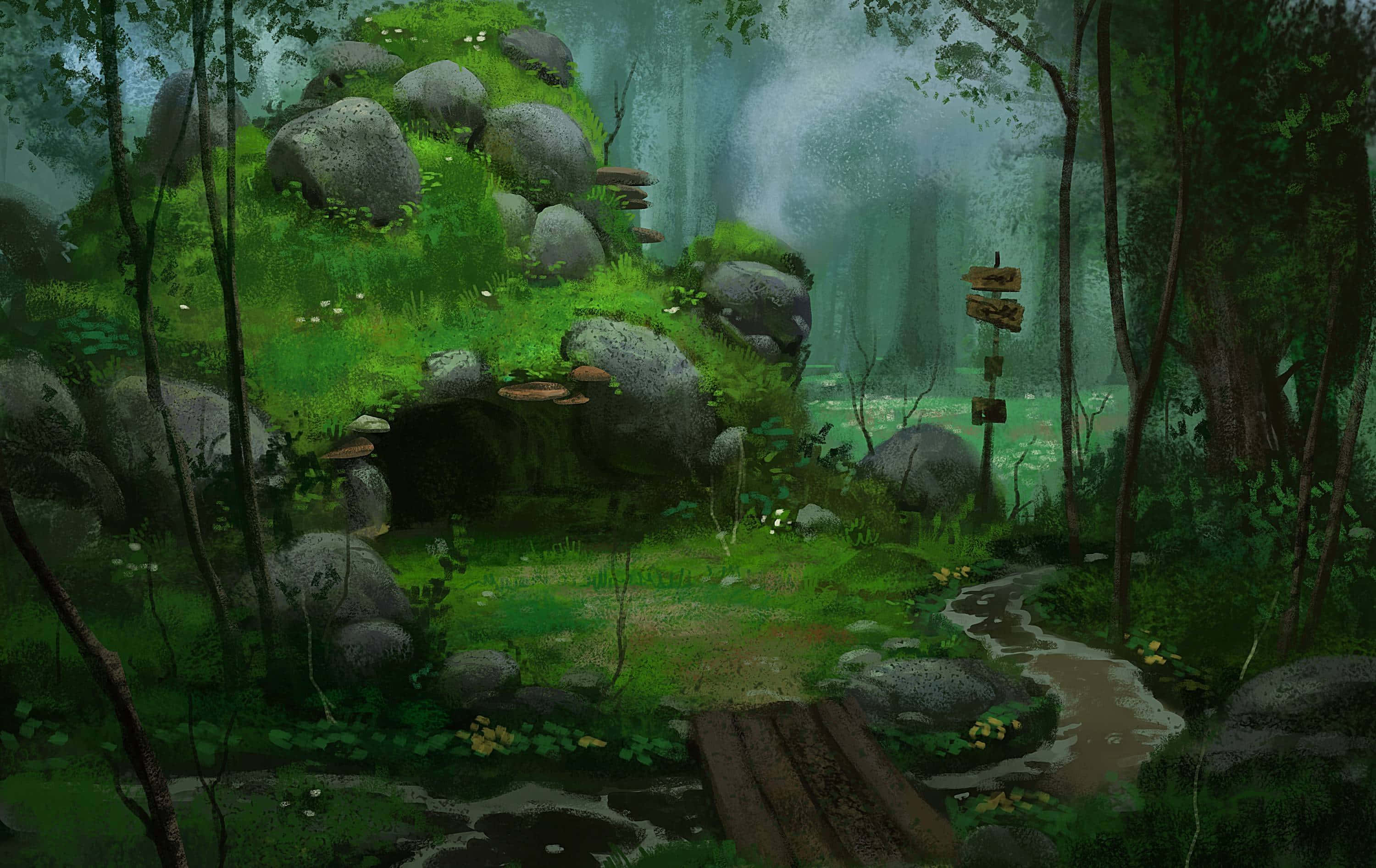 Anime Forest 桌布 壁紙 — 一個霧氣瀰漫的森林場景，有長滿苔蘚的岩石、一座木橋，以及一條在柔和漫射光下蜿蜒穿過茂密綠植的小徑。
