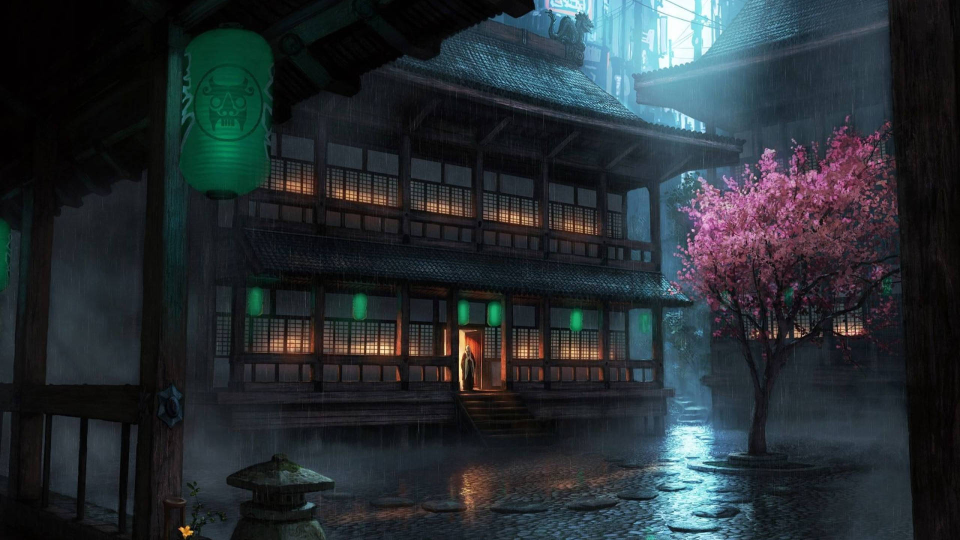櫻花 桌布 壁紙 — 一個霧雨之夜，在傳統日本庭院中，有發光的燈籠和一棵充滿活力的粉紅色櫻花樹。