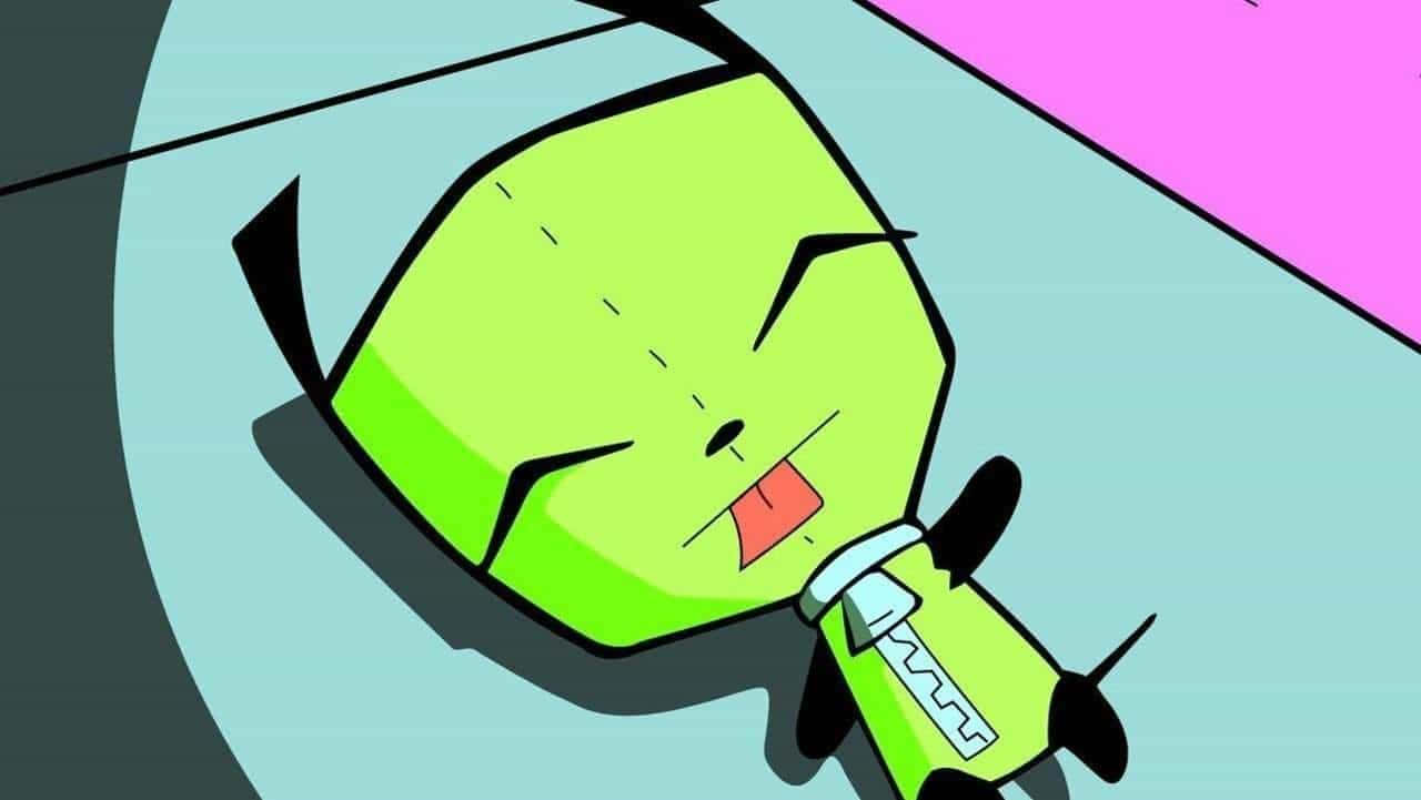 Invader Zim 桌布 壁紙 — 一個青檸綠色卡通角色，臉上縫線並伸出舌頭，躺在淺藍色表面上，背景為粉紅色。