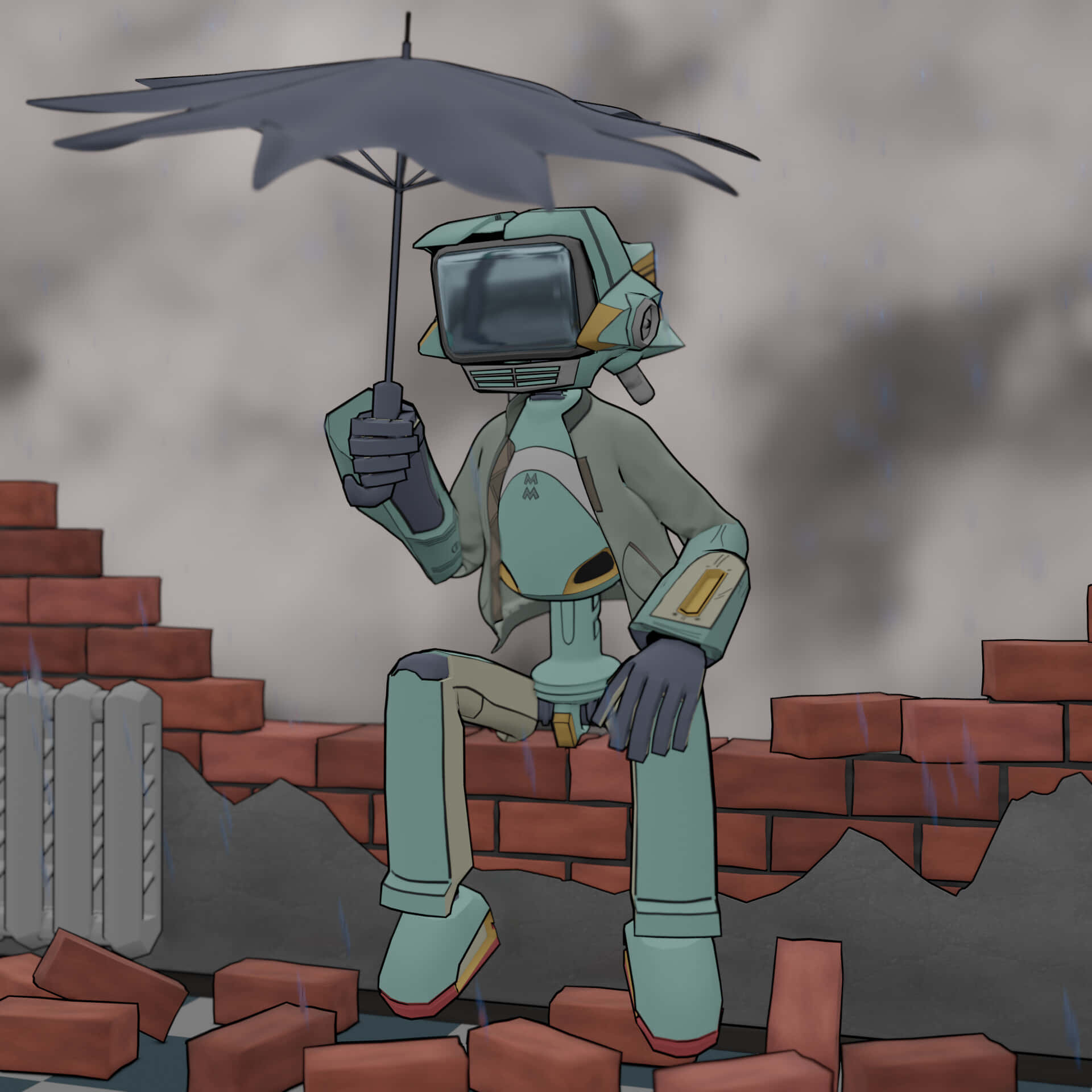Flcl Canti 桌布 壁紙 — 一個青綠色、頭部是電視機的機械人坐在瓦礫上，在灰色的城市廢墟中撐著傘，雨水落下。