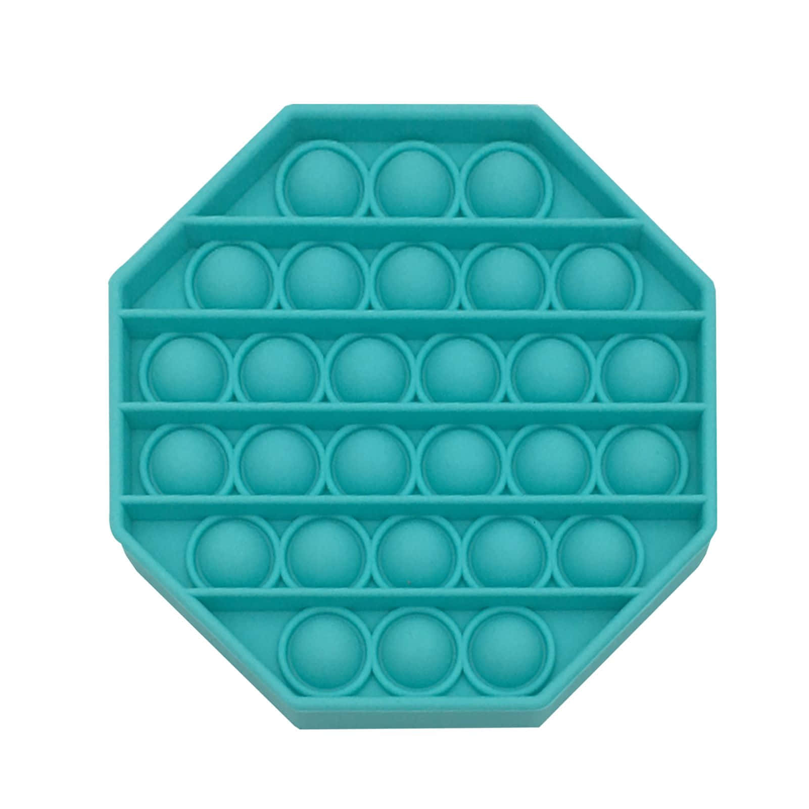 Fidget Toys 桌布 壁紙 — 一個青綠色的八角形減壓玩具，在潔白的背景上排列著均勻分佈的可按泡泡行。