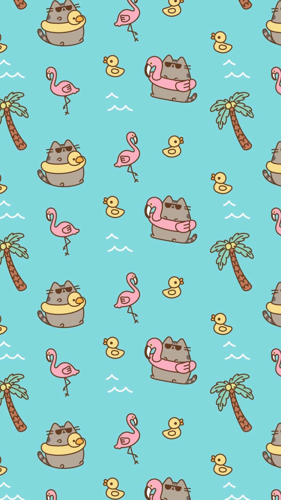 Cute Pusheen 桌布 壁紙 — 一個青綠色的牆紙圖案，上面有卡通貓咪穿著游泳圈、粉紅色的火烈鳥、黃色橡膠鴨子和棕櫚樹。