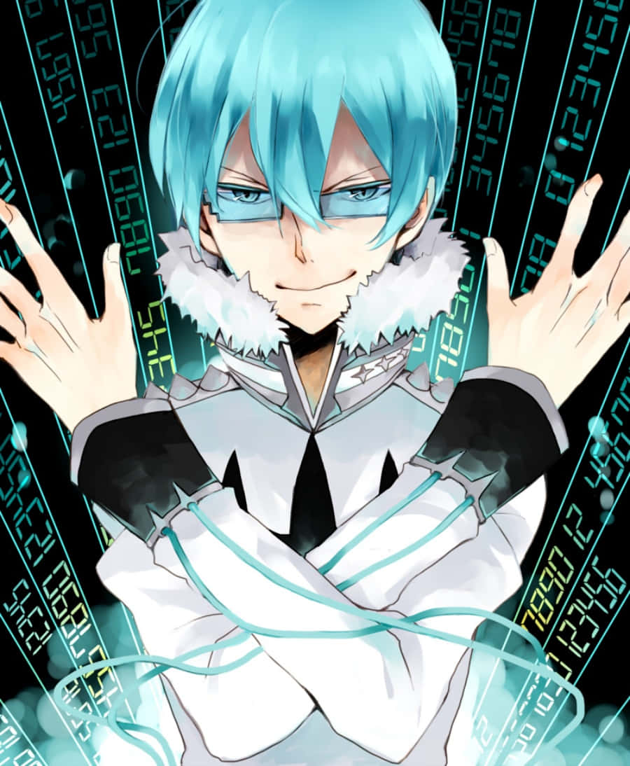 Houka Inumuta 桌布 壁紙 — 一個青色頭髮、戴眼鏡、穿著毛領外套的動漫角色，自信地站在數碼數據流背景前。