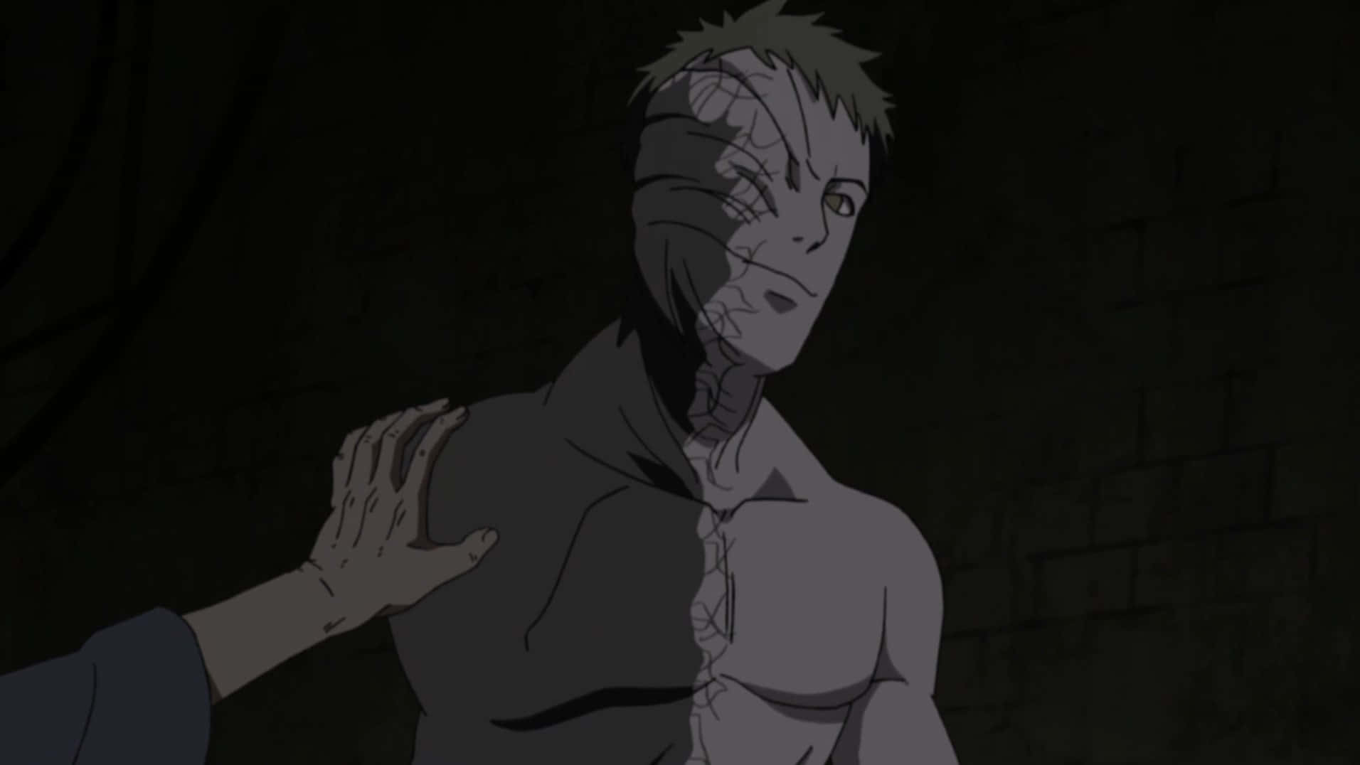 Black Zetsu 桌布 壁紙 — 一個面容破裂的動漫男子在陰暗的房間中，被一隻手觸碰他的肩膀。
