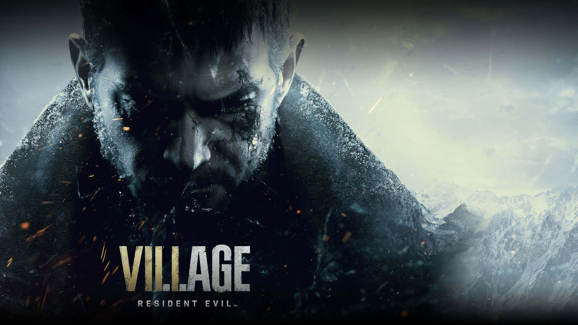 Resident Evil Village 桌布 壁紙 — 一個面容陰沉、雙眼流血、火花四濺的男人站在風暴天空下的雪山山脈前。
