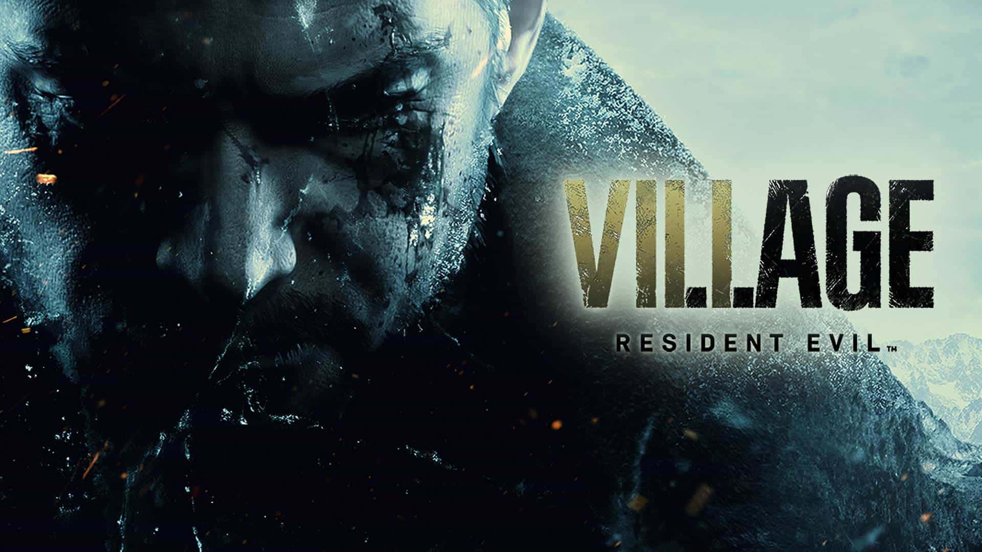 Resident Evil Village 桌布 壁紙 — 一個面容陰沉、雙眼流血、身穿黑色斗篷的男人，在白雪皚皚的山景背景下，帶着「Village」標題，凝視着前方。