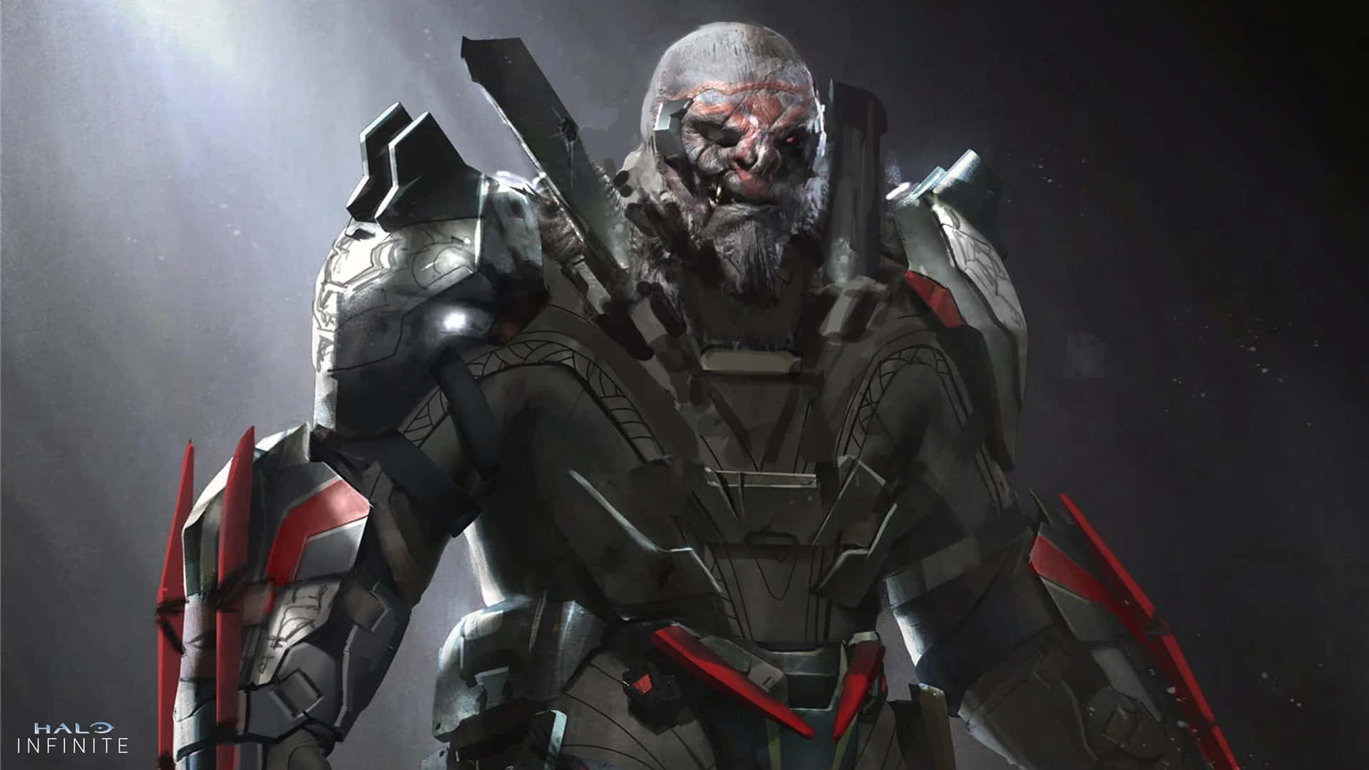 Halo Brutes 桌布 壁紙 — 一個面目猙獰、帶有紅色點綴的威嚇性裝甲戰士，站在黑暗煙霧繚繞的環境中，光線效果戲劇化。