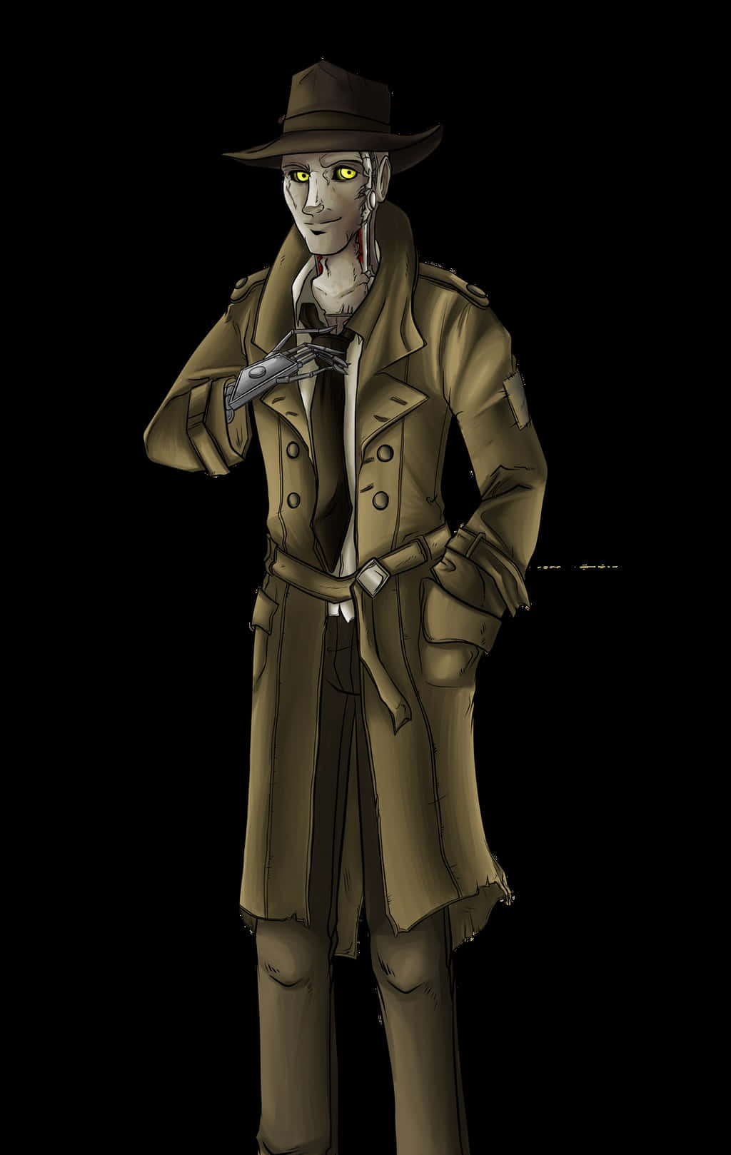 Nick Valentine 桌布 壁紙 — 一個面色蒼白的動畫角色穿著棕色風衣和帽子，在黑色背景下拿著槍。