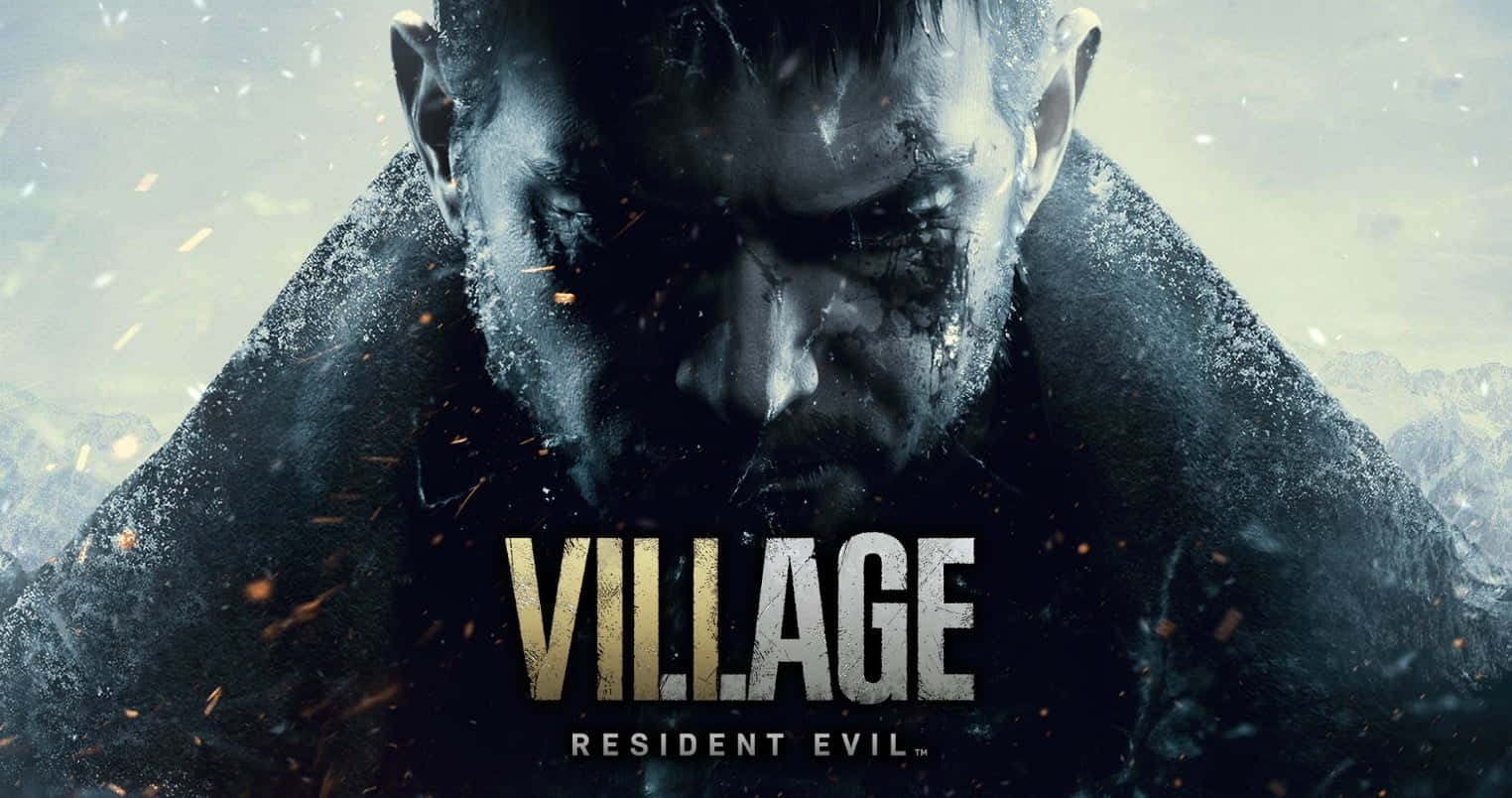 Resident Evil Village 桌布 壁紙 — 一個面色陰沉的男人穿著深色外套，在白雪皚皚的山景背景下，火花四濺，他凝視著前方。