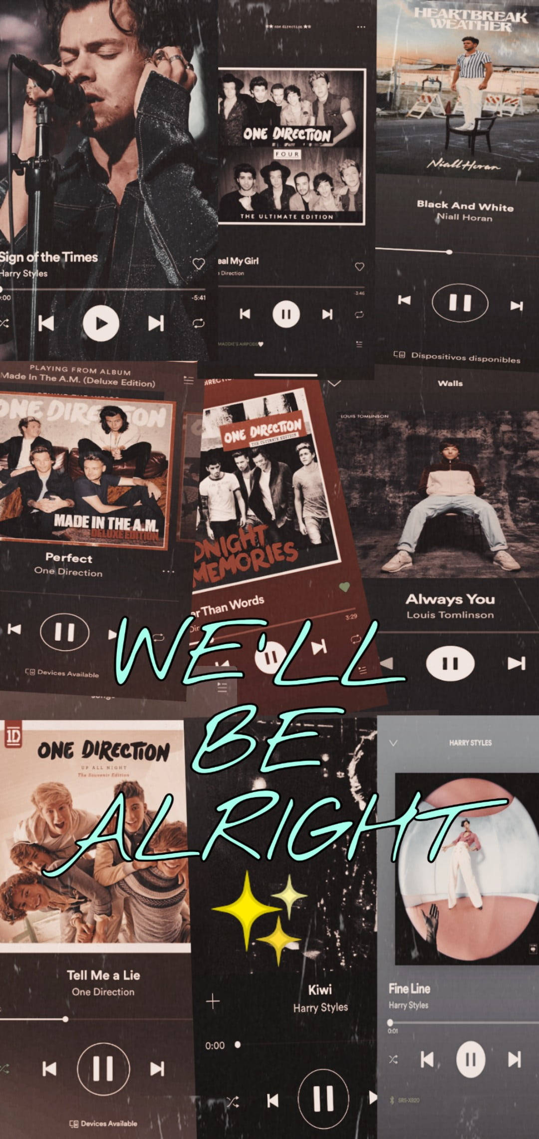 One Direction Aesthetic 桌布 壁紙 — 一個音樂應用程式畫面的拼貼， featuring Harry Styles 和 One Direction 的專輯，帶有發光的青綠色文字 'WE'LL BE ALRIGHT'。