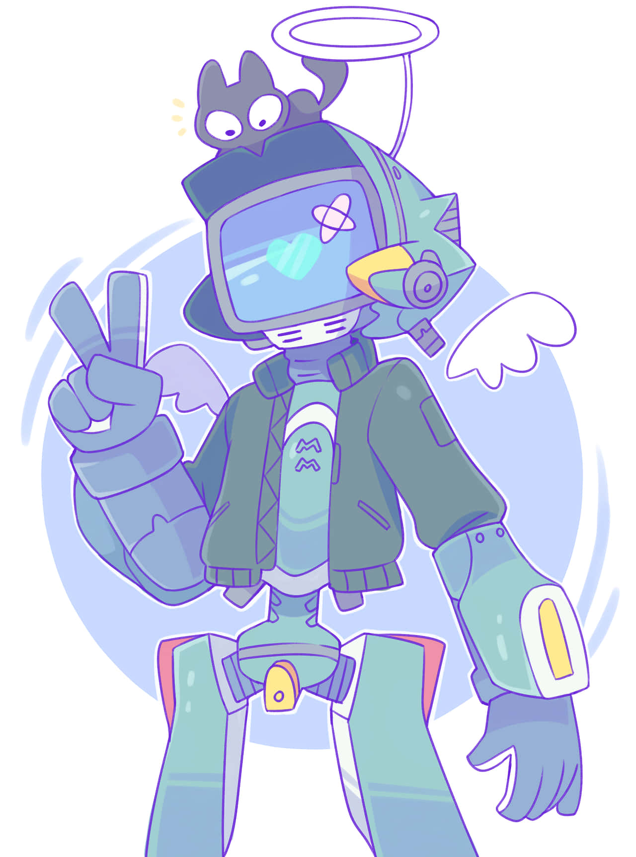 Flcl Canti 桌布 壁紙 — 一個頭上頂著貓咪、長著天使翅膀的開心動漫機械人，在柔和的藍色背景前比出和平手勢。