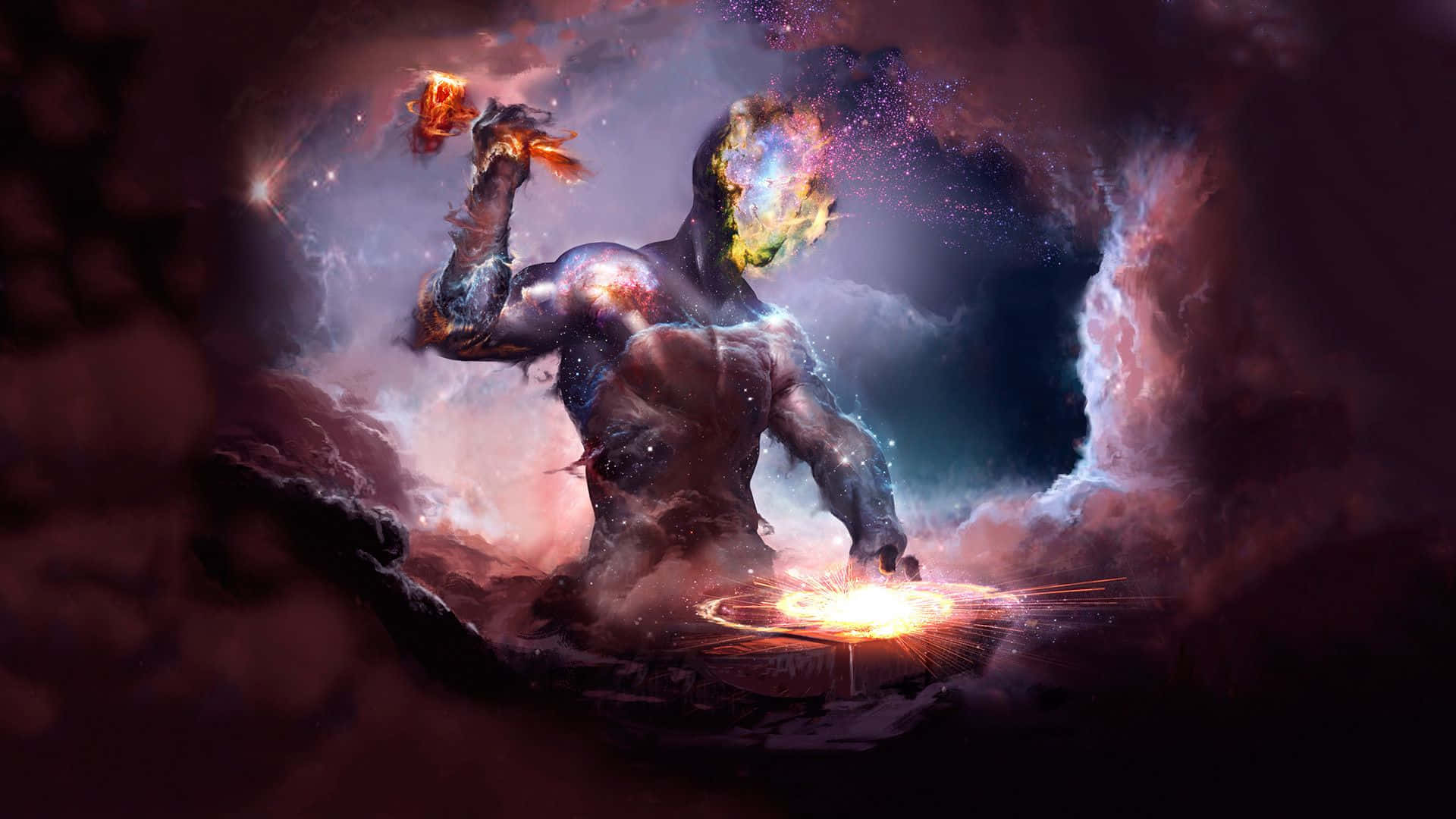 Myths 桌布 壁紙 — 一個頭部充滿星星、手持火焰的宇宙巨人從星雲中出現，對著旋轉的銀河背景揮舞宇宙能量。