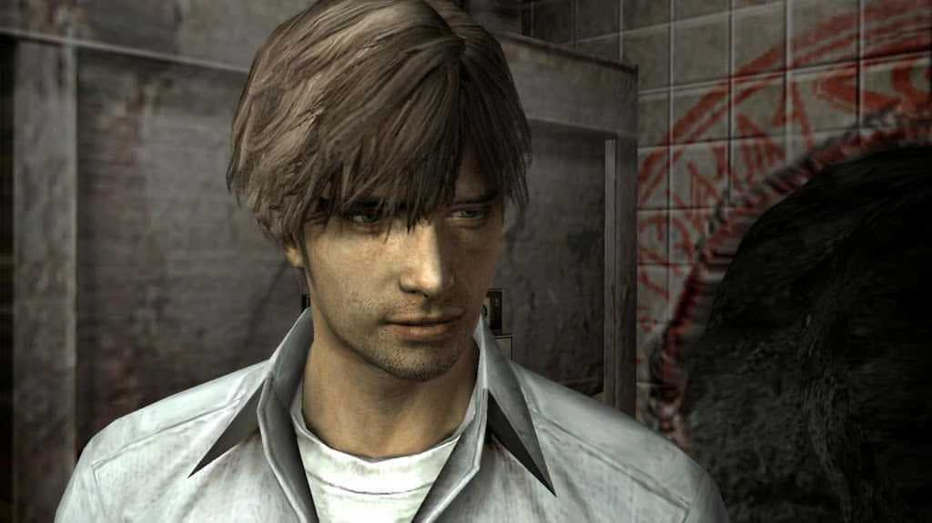 Silent Hill Characters 桌布 壁紙 — 一個頭髮凌亂的棕色頭髮、身穿白色襯衫的男人站在一個骯髒的瓷磚房間裡，牆上有紅色塗鴉。
