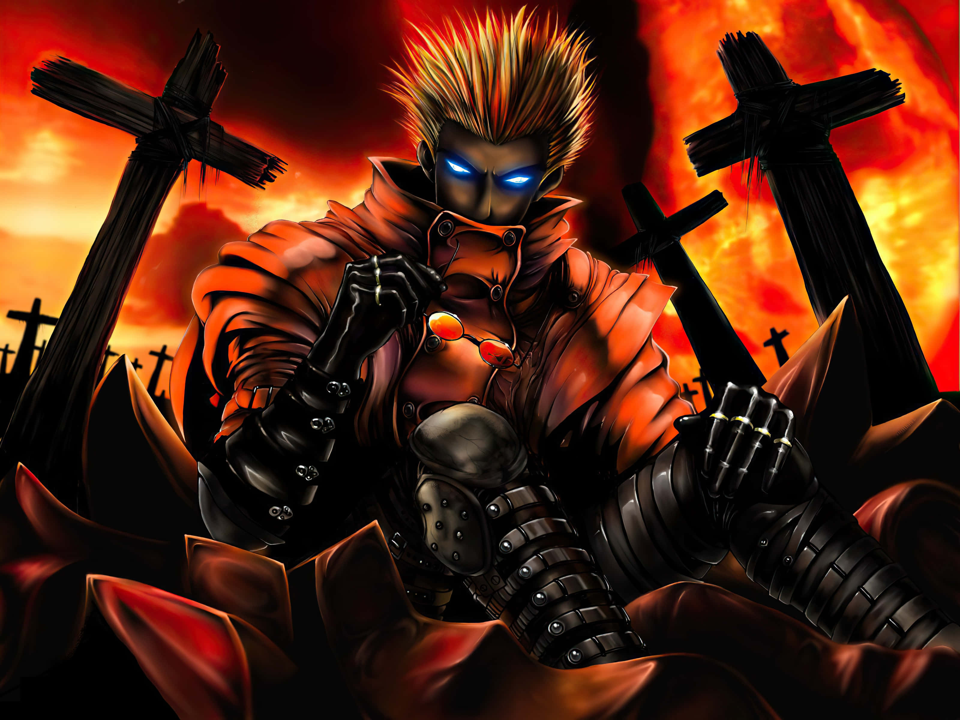 Vash The Stampede 桌布 壁紙 — 一個頭髮尖刺、眼睛發出藍光的動漫戰士，在一個被十字架包圍的燃燒墓地中挑釁地站立。