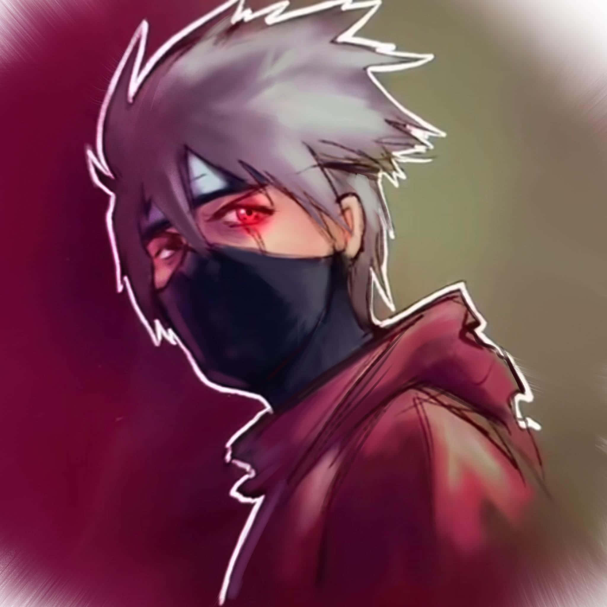 Akatsuki Kakashi 桌布 壁紙 — 一個頭髮尖刺、紅眼、戴黑色面具的動漫角色，在模糊的栗色背景下凝視著。